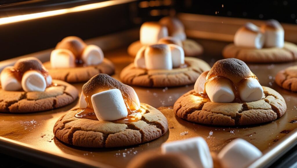 A baking sheet fresh from the oven with golden brown Marshmallow Monster Cookies