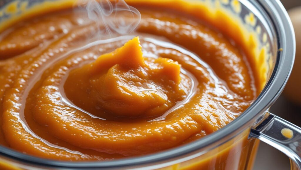 A blender filled with the vibrant orange, creamy butternut squash sauce