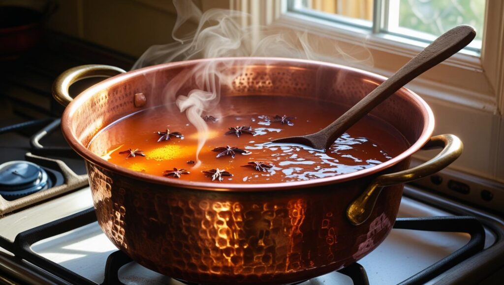 A large pot on a stove filled with the Spiced Tea Punch
