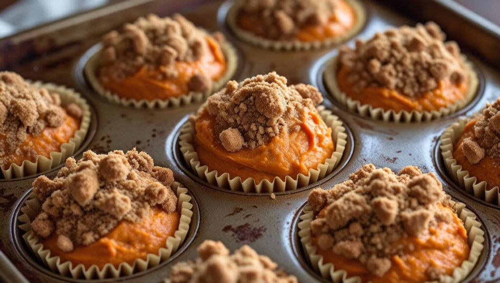 A muffin tin filled with sweet potato muffin batter, topped with streusel, ready for the oven