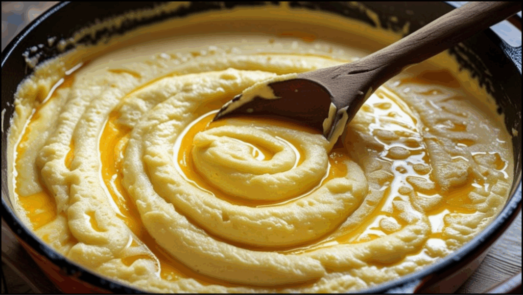 A saucepan with creamy, cheesy polenta