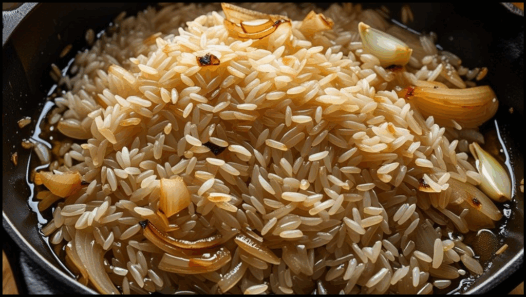 Arborio rice being toasted in a Dutch oven