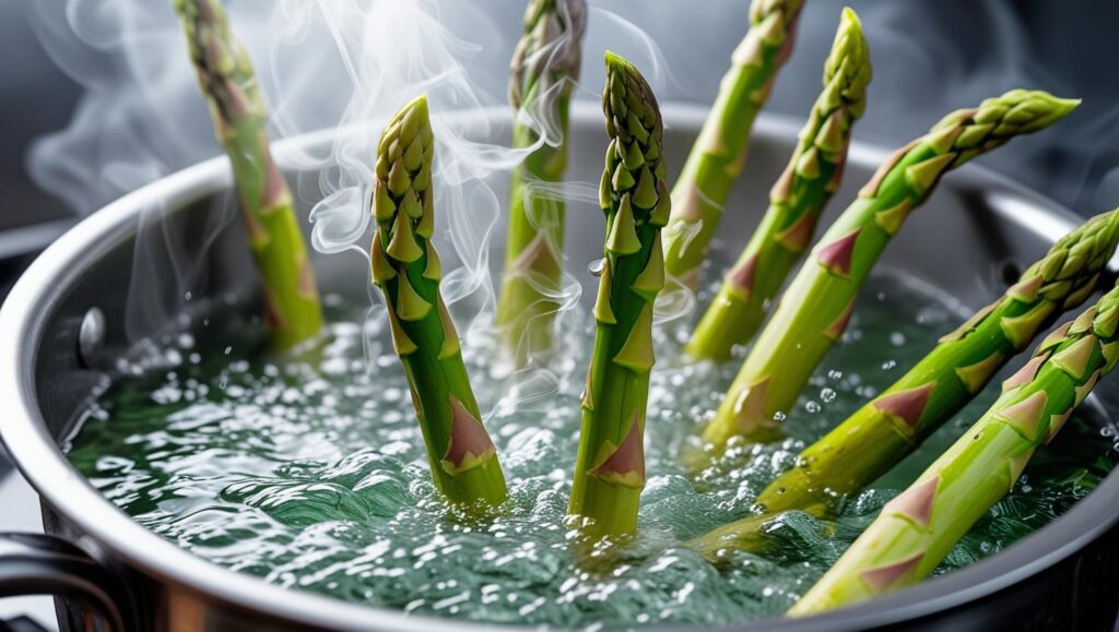 Asparagus spears being dropped into boiling water
