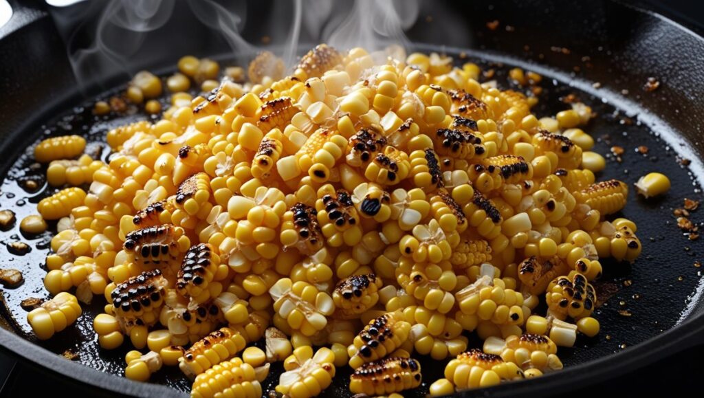 Corn kernels charring in a black cast-iron skillet
