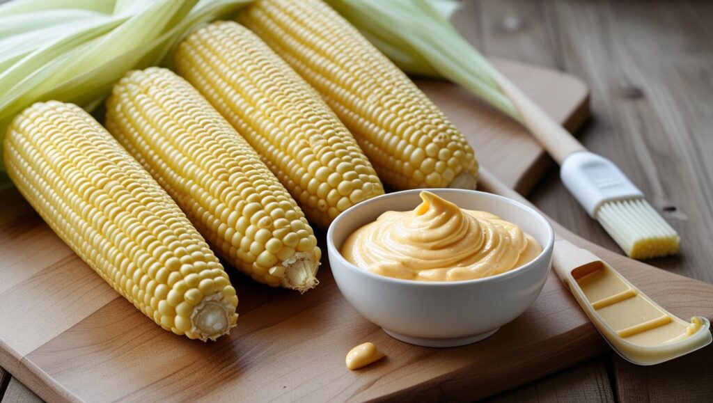 Fresh ears of corn shucked and ready for the grill