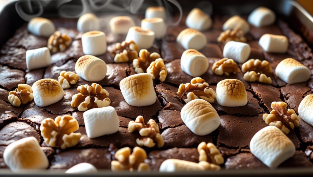 Hot brownies from the oven topped with a layer of puffy mini marshmallows and toasted walnuts