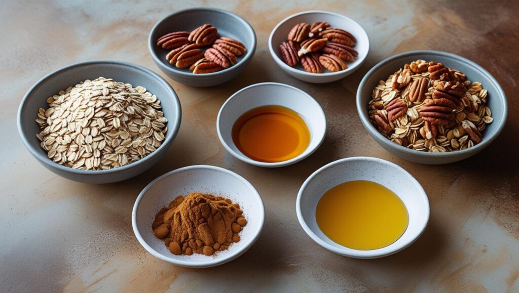 Ingredients for crunchy pecan granola