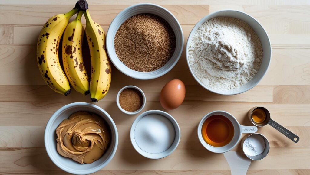 Ingredients for peanut butter banana flax muffins