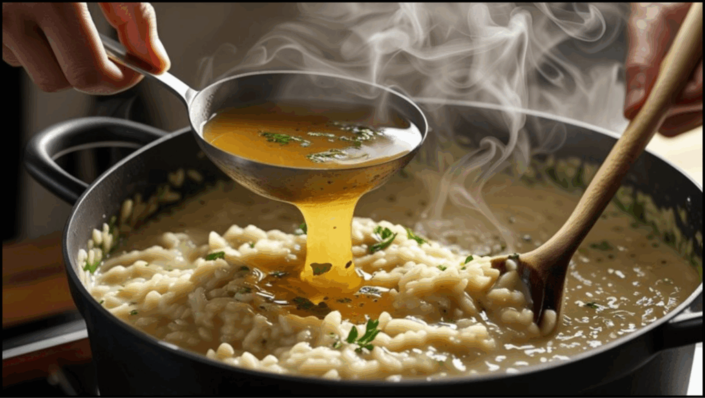 Ladle pouring warm vegetable broth into the pot of creamy risotto