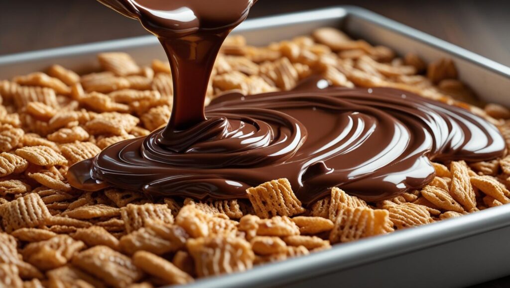 Melted chocolate and butterscotch being poured over the crispy rice cereal base
