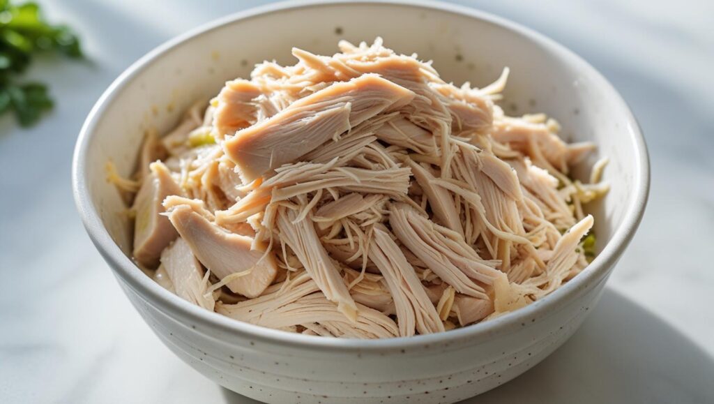 Shredded rotisserie chicken in a bowl