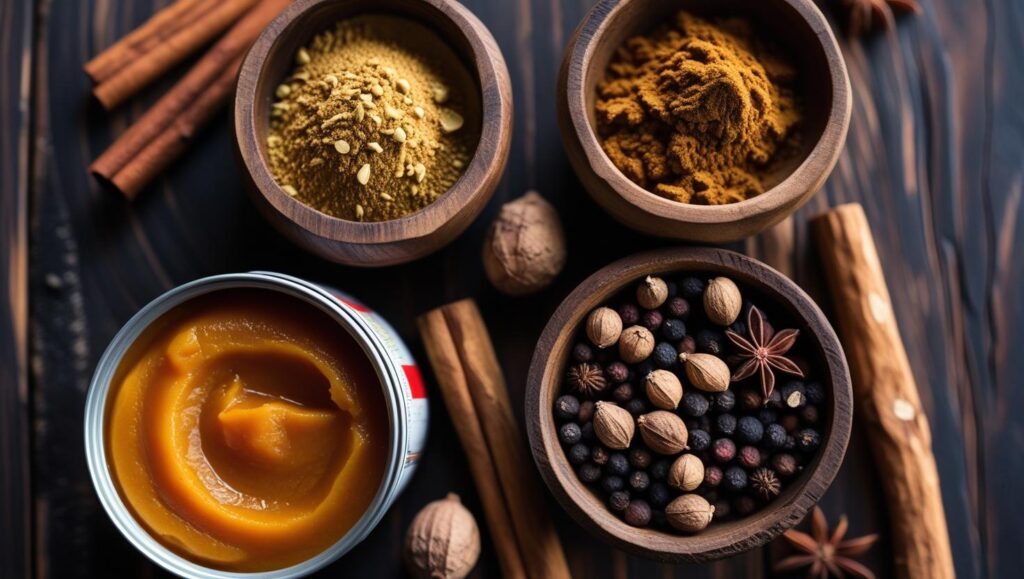 Small bowls containing Spices pumpkin puree