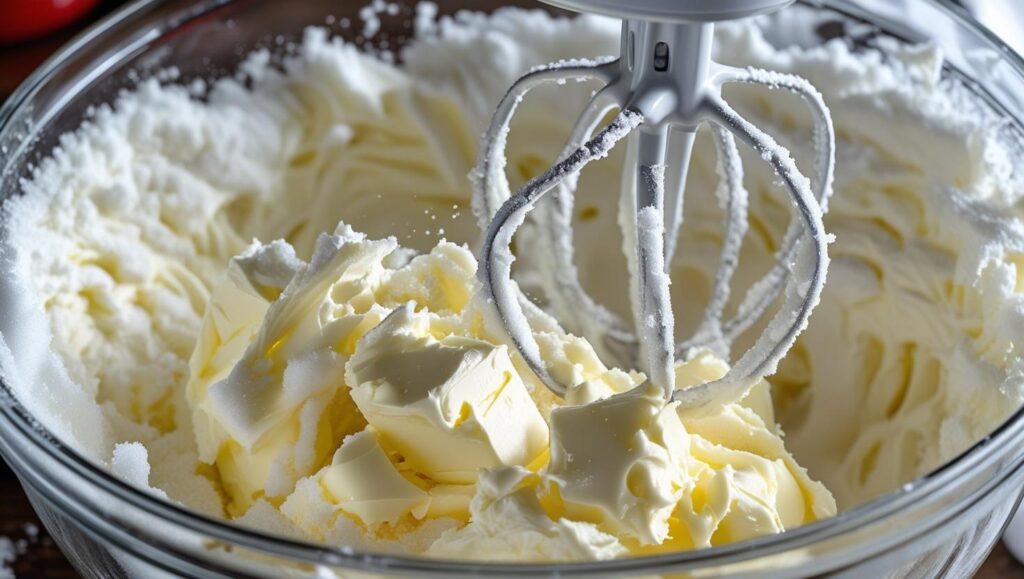 Softened butter and sugars being whipped together
