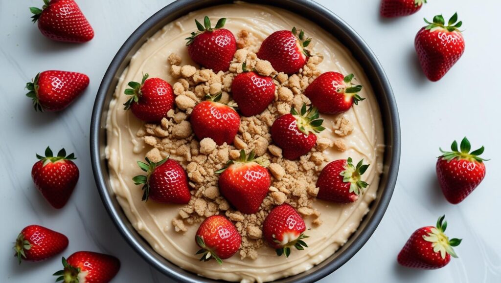 Strawberry Breakfast Cake batter in the pan