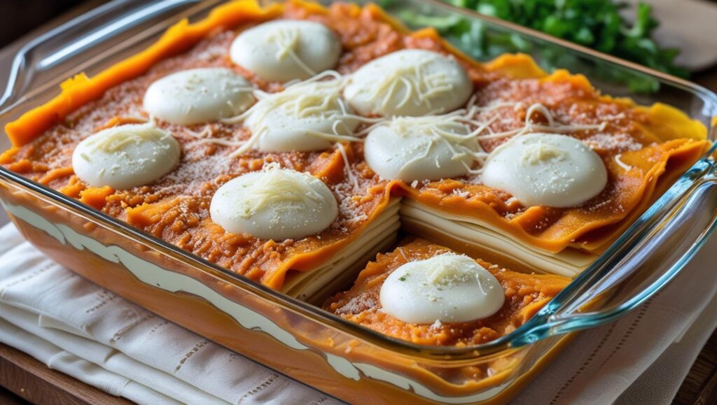 Unbaked layer of Butternut Squash Lasagna, topped with mozzarella and Parmesan cheese