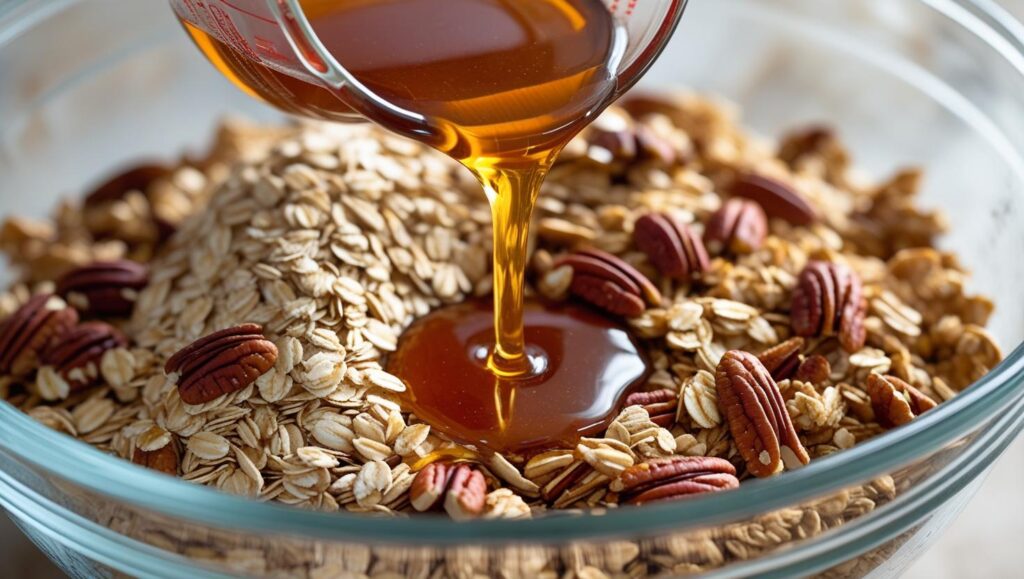Wet and dry ingredients for pecan granola being mixed