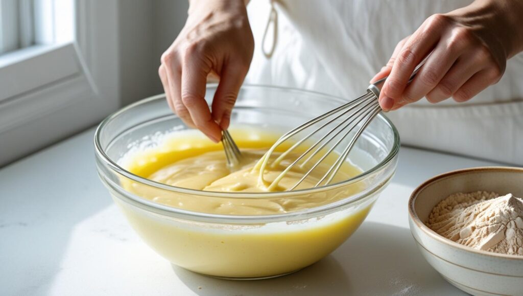 Whisking wet ingredients in a glass bowl