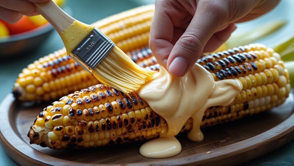 brushing creamy spicy mayo into grilled corn