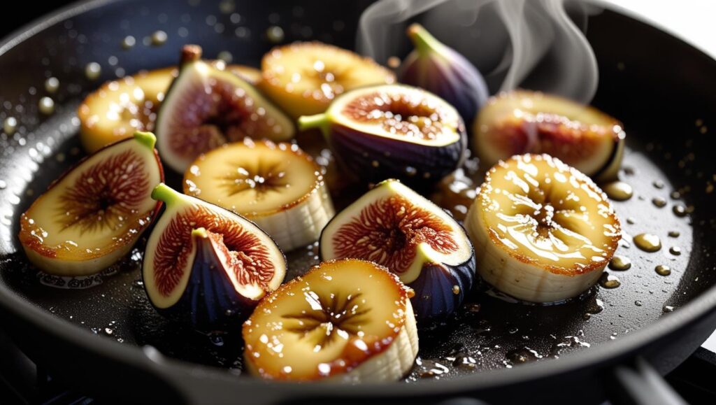 caramelized bananas and figs sizzling in a non-stick skillet