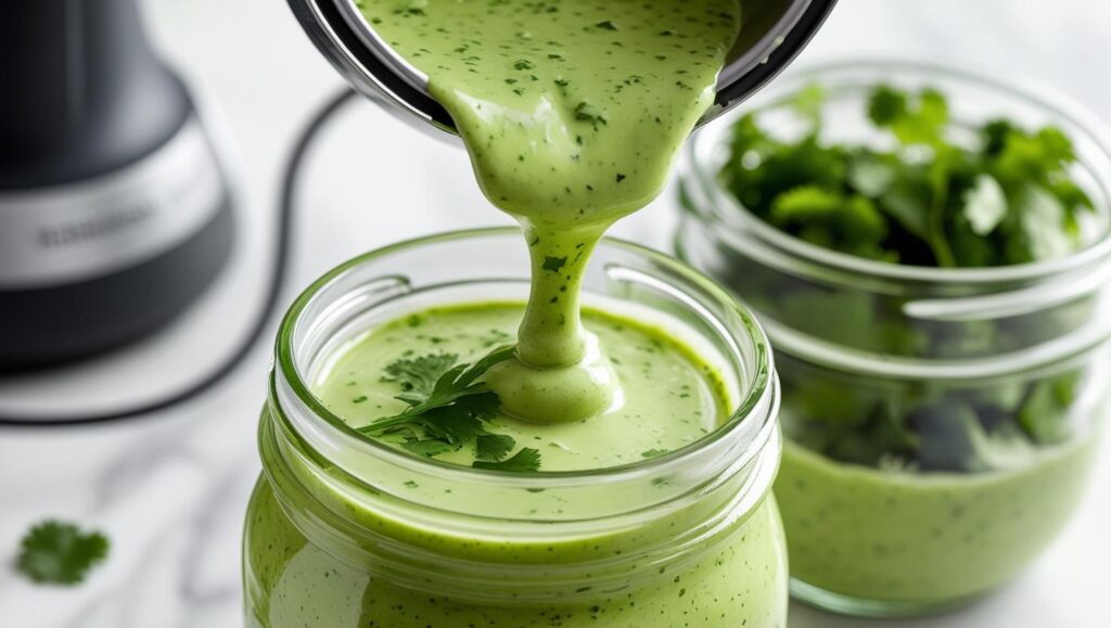 creamy cilantro dressing being poured from a blender