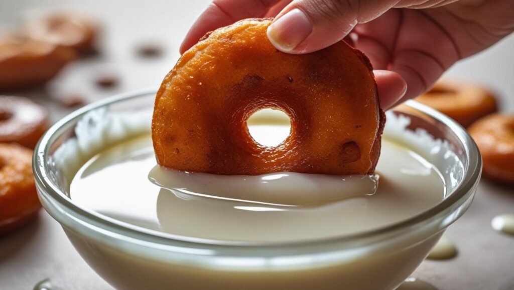 dipping a freshly fried sweet potato doughnut into a bowl of white glaze