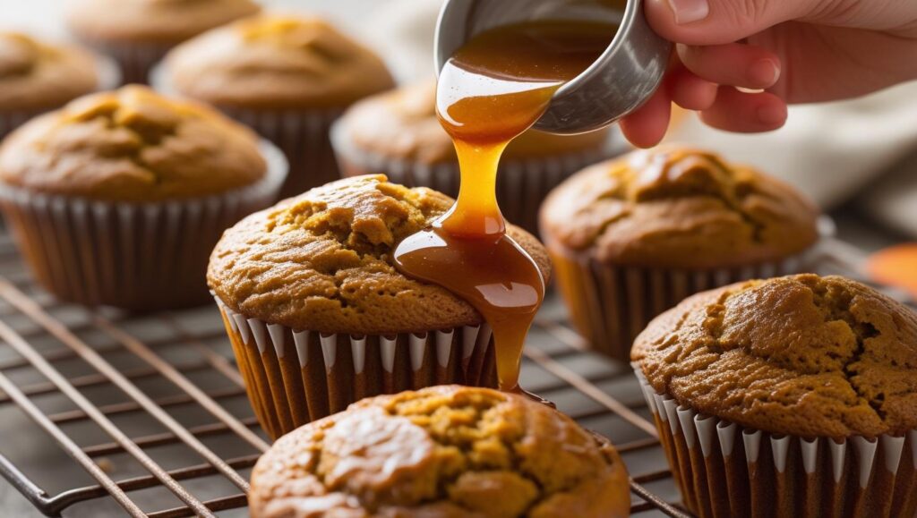 drizzling maple glaze over a row of cooled pumpkin muffins