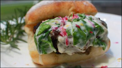 Garlic Parmesan Burgers with Creamed Spinach Sauce