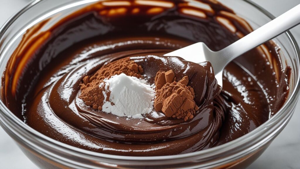 glossy brownie batter being folded in a glass bowl with a spatula