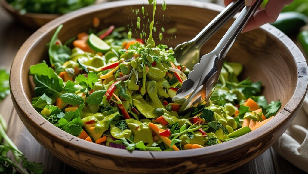green curry salad being tossed