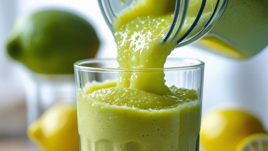 Lemon smoothie being poured from a blender