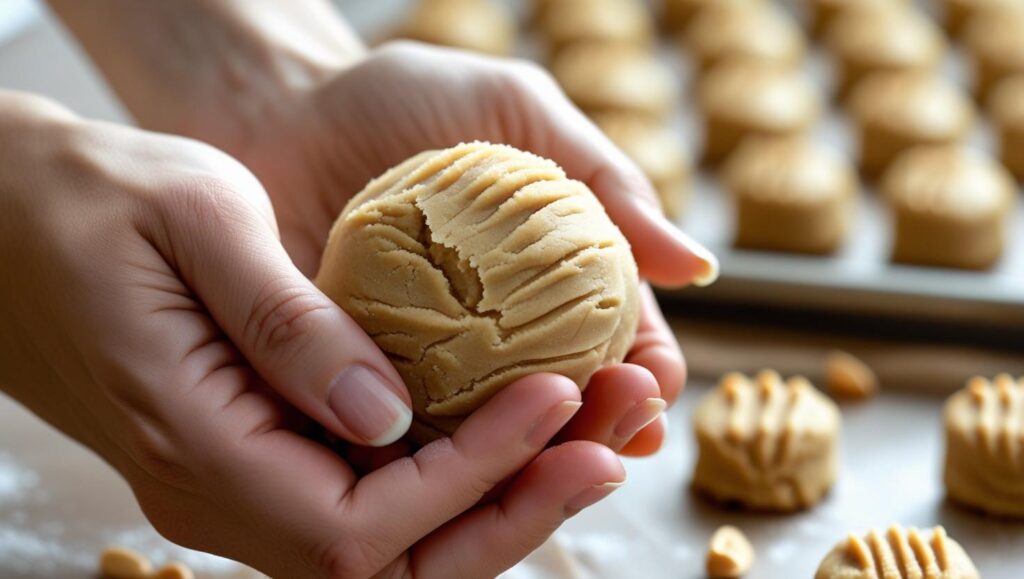 rolling a ball of peanut butter cookie dough