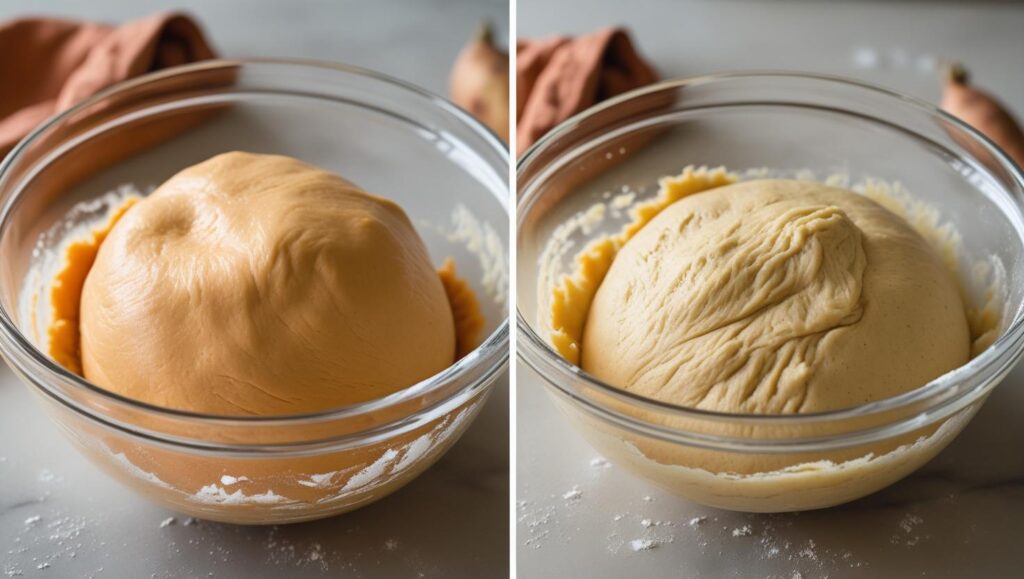 sweet potato doughnut dough rising in a glass bowl