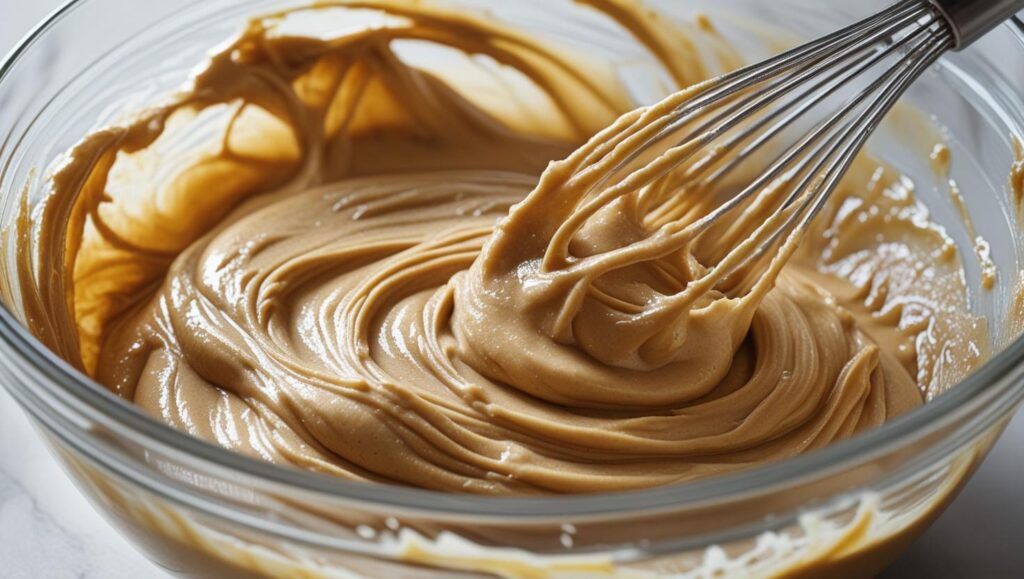wet ingredients for peanut butter banana muffins being whisked