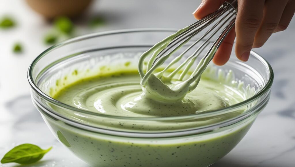 whisking the creamy in a glass bowl.