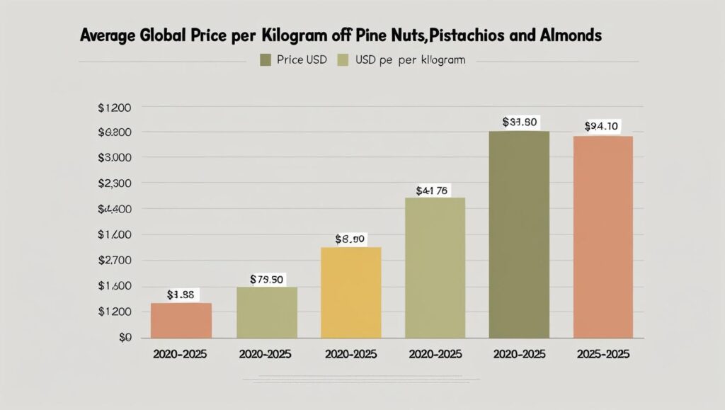 Average global price per kilogram of pine nuts versus pistachios and almonds from 2020 to 2025.