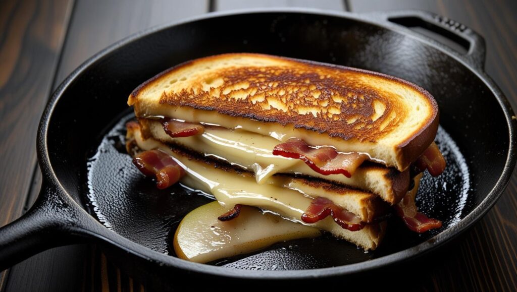 Bacon Pear Grilled Cheese sandwich sizzling