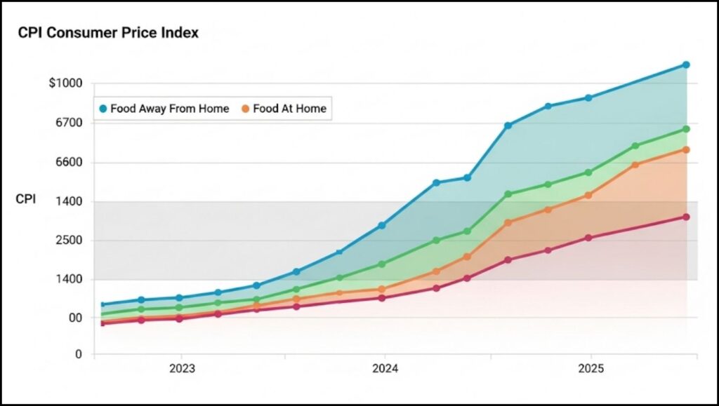 CPI for 'Food Away From Home' versus 'Food At Home' from 2023 to 2025