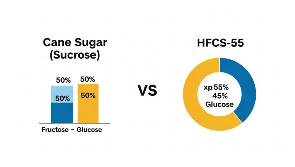 Chemical composition of cane sugar (sucrose) and HFCS-55