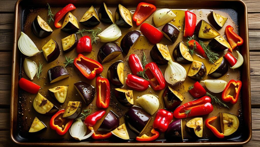 Chopped Veggies with olive oil and spices before roasting