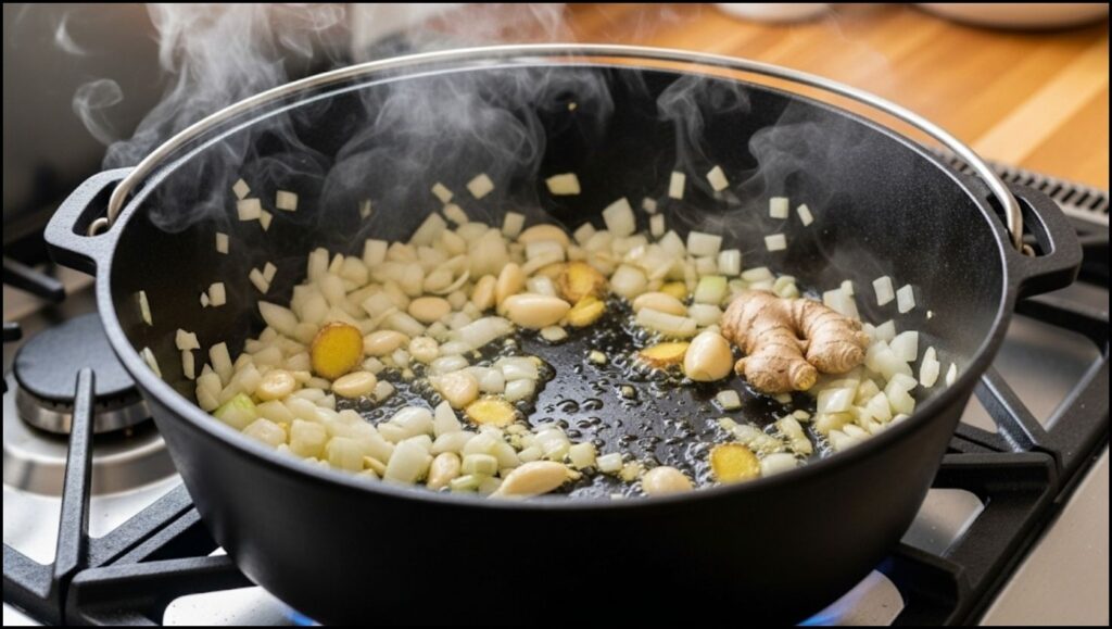 Chopped onion, garlic, and ginger being sautéed