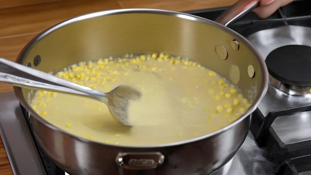 Corn being mixed into the cream sauce