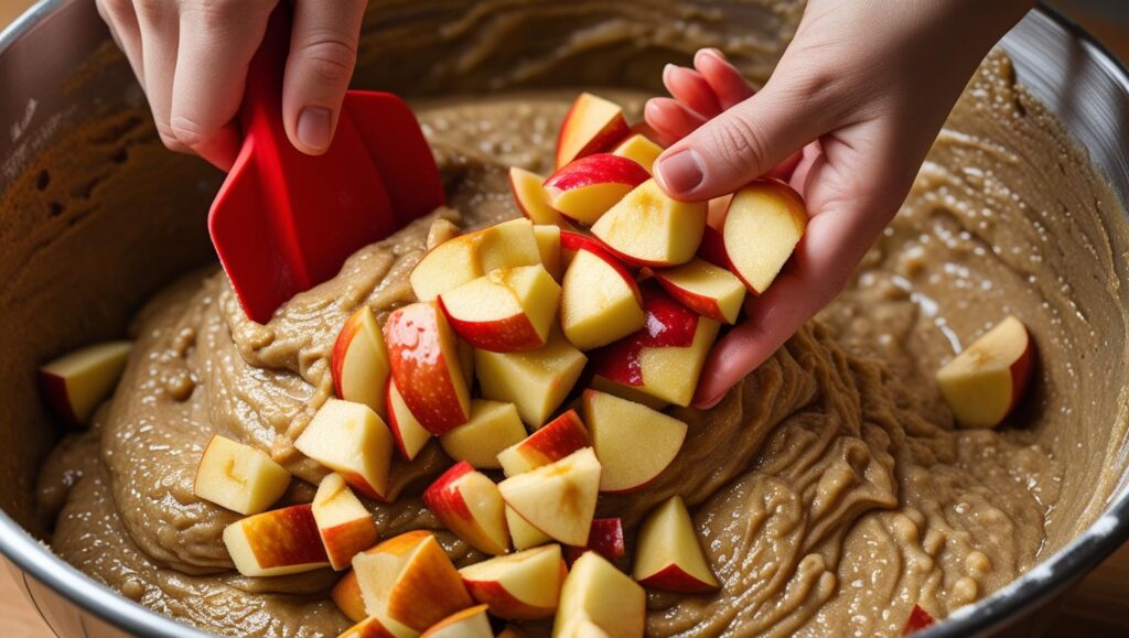 Diced apples into muffin batter