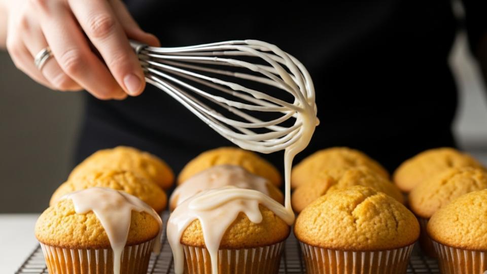Drizzling a white, orange glaze over orange muffins