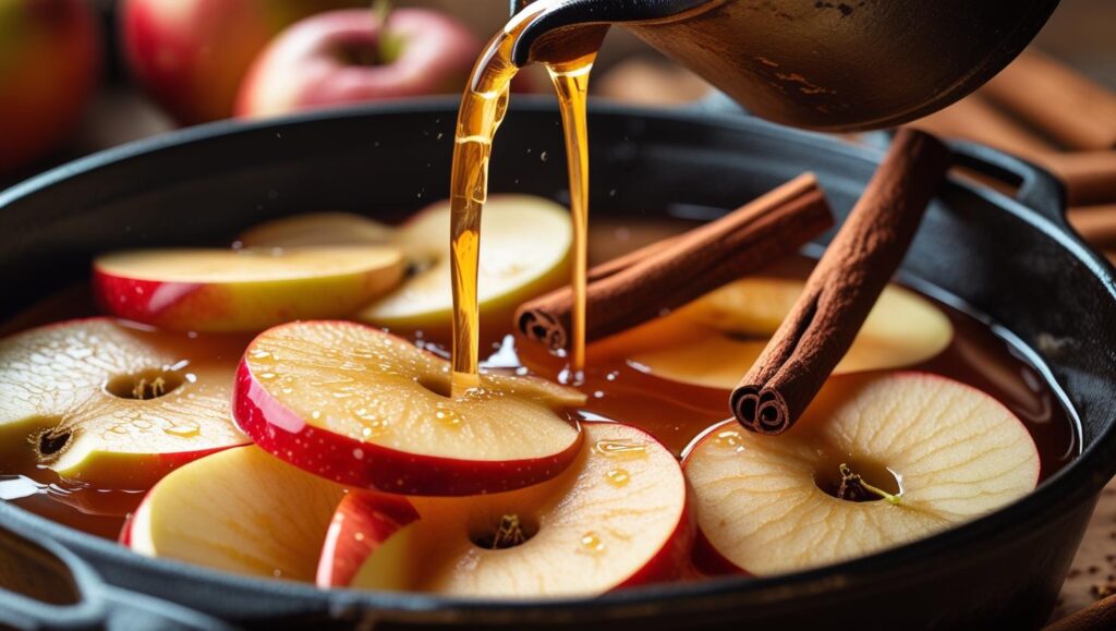 Dutch oven filled with sliced apples and two cinnamon sticks