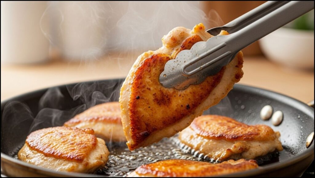 Golden-brown seared chicken pieces