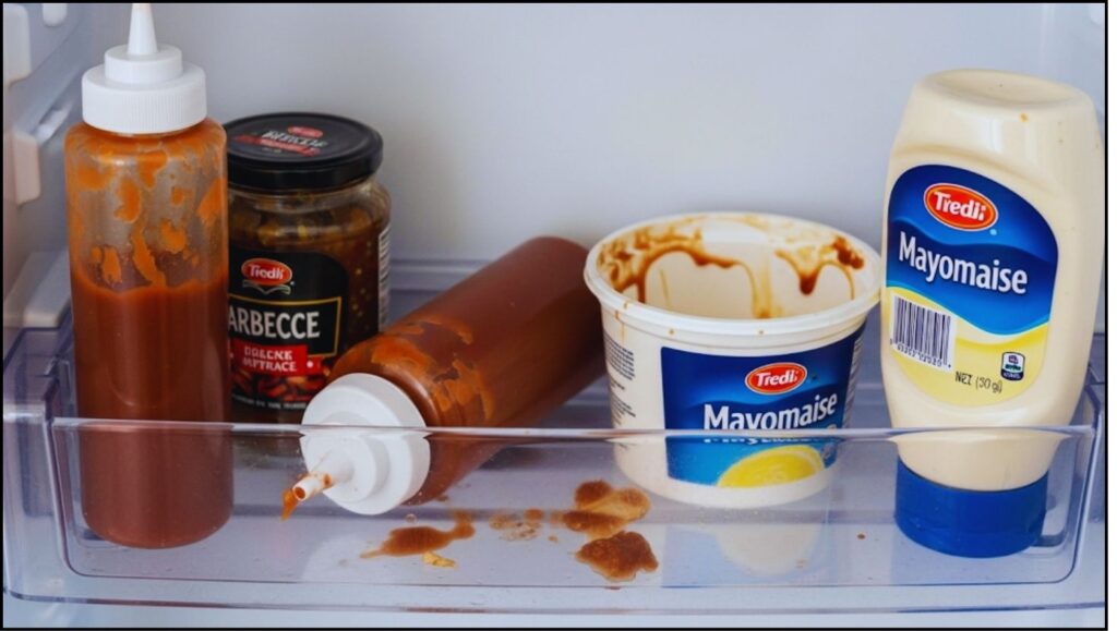 Half-used and unsealed condiment bottles