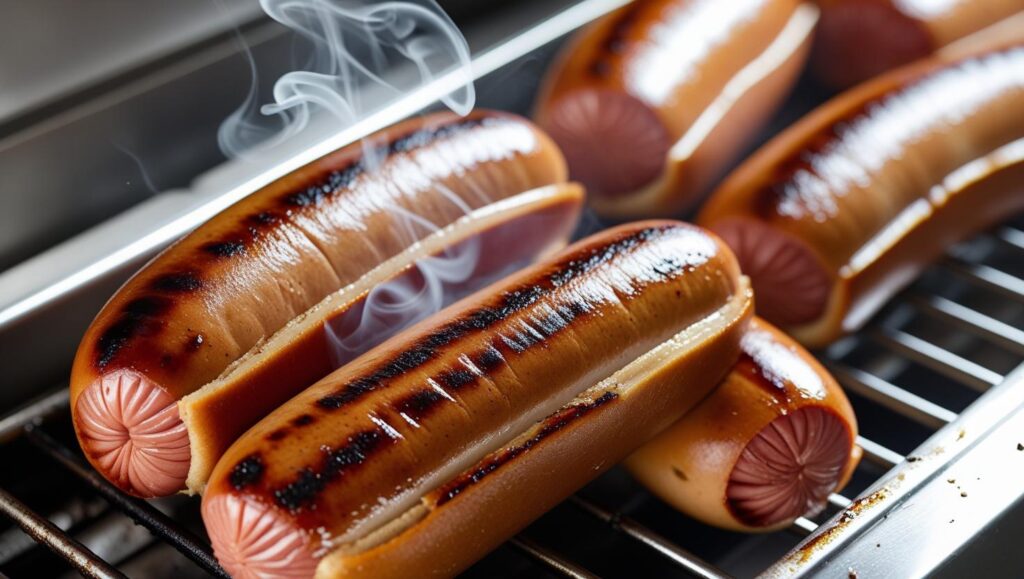 Hot dogs cooking on a grill
