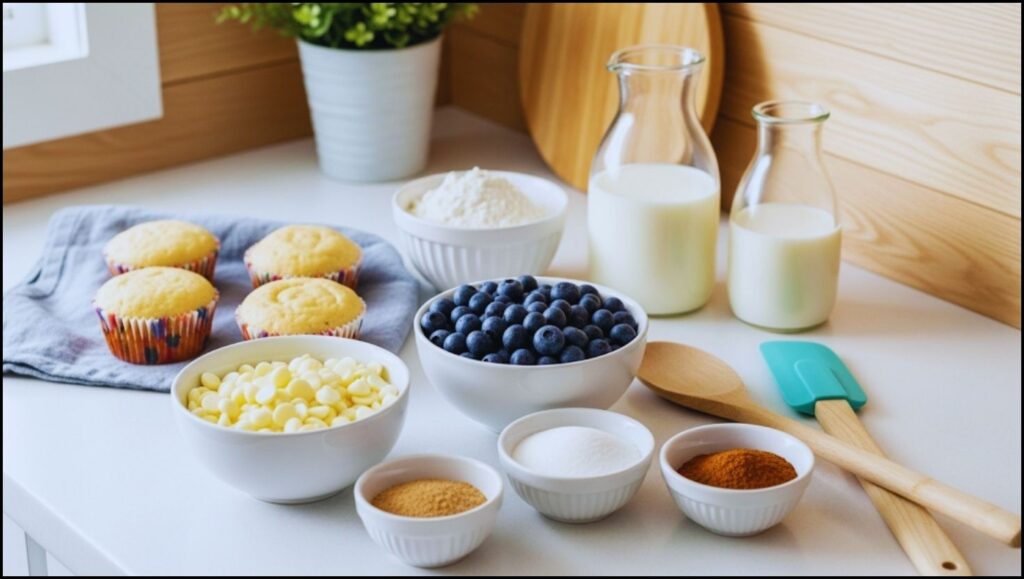 Ingredients for White Chocolate Blueberry Muffins