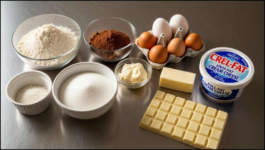Ingredients for white chocolate cheesecake brownies