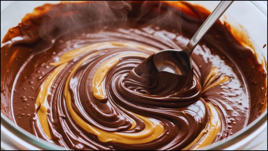 Melted chocolate and peanut butter being stirred